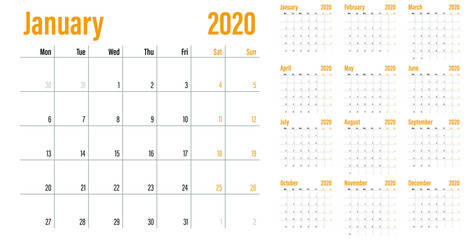 Calendar planner 2020 template vector illustration all 12 months week starts on Monday and indicate weekends on Saturday and Sunday