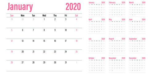 Calendar planner 2020 template vector illustration all 12 months week starts on Sunday and indicate weekends on Saturday and Sunday