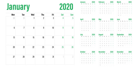 Calendar planner 2020 template vector illustration all 12 months week starts on Monday and indicate weekends on Saturday and Sunday