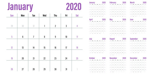 Calendar planner 2020 template vector illustration all 12 months week starts on Sunday and indicate weekends on Saturday and Sunday
