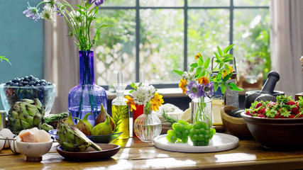 landscape picture with kitchen room decoration showcase