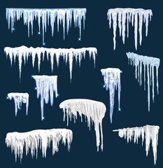 Realistic snow icicles. Icicle ice with snowcap on top. Winter snowing borders for christmas cards design. Frost neve snowy weather frames, icy frosted frozen sign vector isolated icons set - Vector - obrazy, fototapety, plakaty