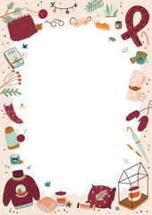 Cute illustration with autumn and winter cozy elements. Isolated on white background. Motivational typography of holidays hygge quotes. Scandinavian danish style. Vector