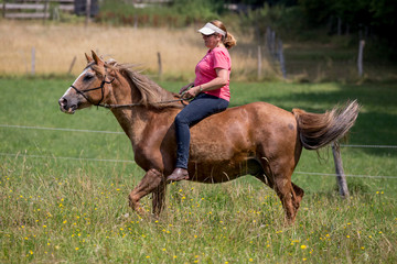 Frau reitet durch die Natur