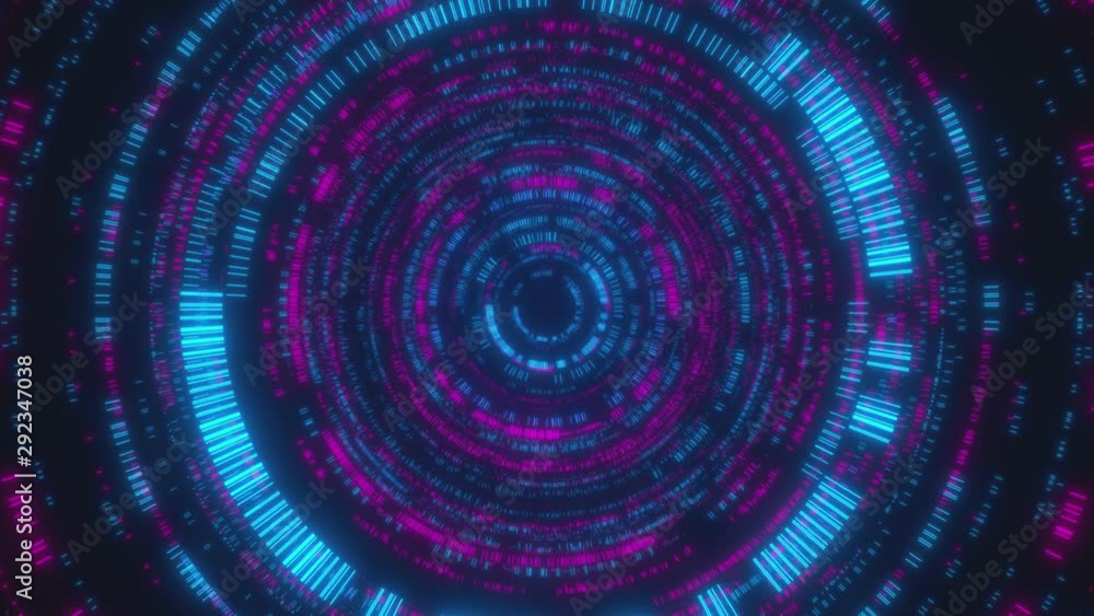 Poster looped animation. abstract background with moving through bright circles in red and blue color. mode
