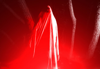 Ghost at night outdoors in red lights. Horror film concept. Scary things in the forest. Autumn...