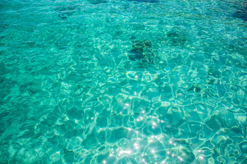 Fototapeta na wymiar aquamarine tropic water ripple wavy surface with sun glares reflection beautiful natural background 