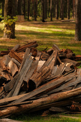 A pile of old wood from house building. Wood recycling. Eco environment concept.