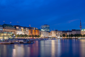 Hamburg Binnenalster at night with city buildings, Germany