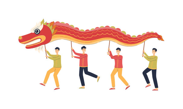 Chinese men dancing while holding red dragon mascot over their head