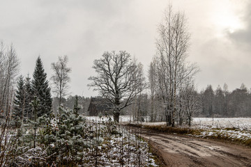 Rural scene with muddy road and house in snowfall in early winter