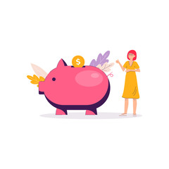 Piggy bank money savings banner - cartoon woman putting gold coin in pink pig