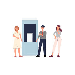 Customers and vendor near exhibition stand flat vector illustration isolated.