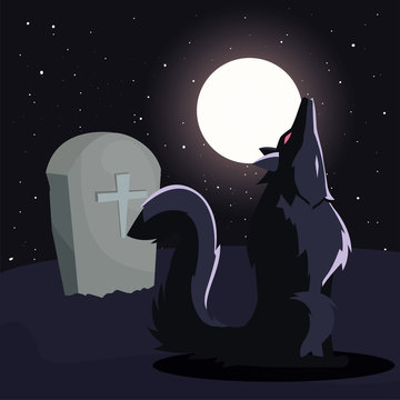 angry wolf howling in cemetery scene