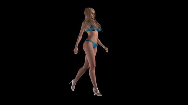 Young pretty blond woman in blue swimsuit walking in romantic mood. Side view on full body, Realistic 3D animation loop isolated on transparent background with alpha channel.
