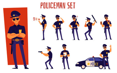 Naklejka premium Cartoon policeman set - man in police uniform standing in different poses.