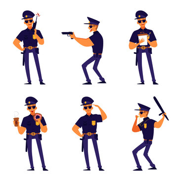 Cartoon policeman pose set - isolated man in police uniform during duty