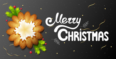 Horizontal postcard with christmas cookies and text merry christmas