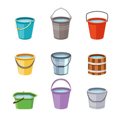 Water metal and plastic buckets set flat cartoon vector illustrations isolated.