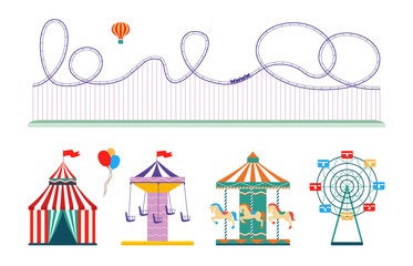 Amusement park attraction set - flat isolated rollercoaster, circus tent, etc.