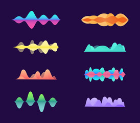 Music sound amplitude waves and curves set neon vector illustration isolated.