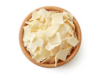 Wooden bowl of parmesan cheese flakes