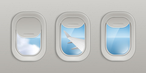 Flying airplane windows or portholes with look at sky 3d vector illustration. © sabelskaya