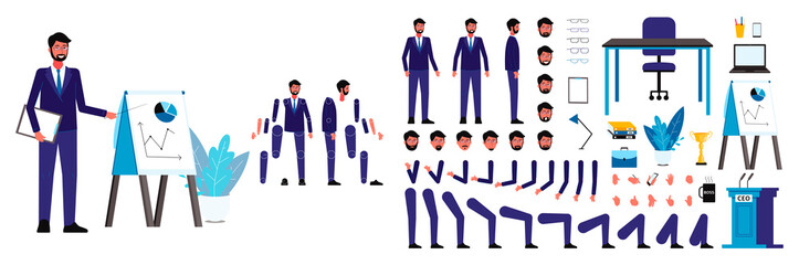 Set of figures and body, head and arms, legs and faces of a male ceo businessman for animation.