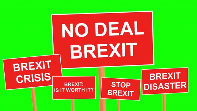 Brexit placards animated on coloured loop background. Brexit crisis concept. 4k