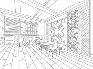 Interior sketch of Moldavian restaurant interior with local traditional ornaments