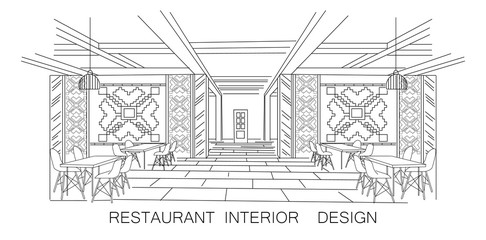 Interior sketch of Moldavian restaurant interior with local traditional ornaments