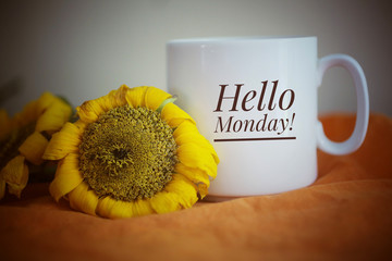 Hello Monday greeting on a white mug of coffee. With sunflowers and orange colors background....