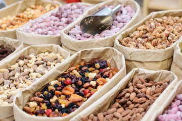 A counter with an assortment of delicious nuts.