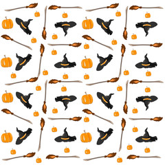 Seamless pattern with festive Halloween icons on white background. Design for wrapping paper, paper packaging, textiles, holiday party invitations, greeting card, messenger chat background