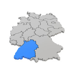 3d Illustation - Deutschlandkarte in grau mit Fokus auf Baden-Württemberg in blau - 16 Bundesländer