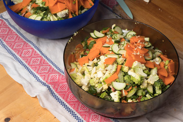 Bowls of prepared vegetables for minestrone.