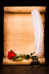 Parchment scroll, red rose and feather