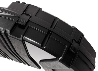 Modern shockproof plastic case for compound bow. Plastic black case with soft foam inside isolate on white background.