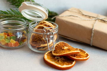 Christmas composition with sweets and dried citruses