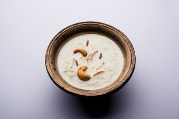 Rice Kheer or Firni or Khir is a pudding from Indian subcontinent, made by boiling milk ,sugar and Rice. Served in a bowl