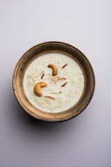 Rice Kheer or Firni or Khir is a pudding from Indian subcontinent, made by boiling milk ,sugar and Rice. Served in a bowl