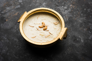 Rice Kheer or Firni or Khir is a pudding from Indian subcontinent, made by boiling milk ,sugar and Rice. Served in a bowl