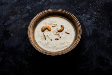 Rice Kheer or Firni or Khir is a pudding from Indian subcontinent, made by boiling milk ,sugar and Rice. Served in a bowl