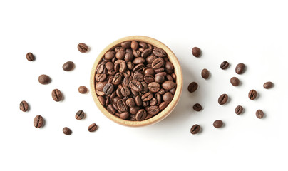 Fresh coffee beans in a wooden bowl