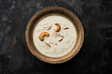 Rice Kheer or Firni or Khir is a pudding from Indian subcontinent, made by boiling milk ,sugar and Rice. Served in a bowl