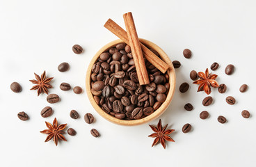 Flavored coffee beans in a wooden bowl