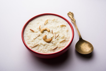 Rice Kheer or Firni or Khir is a pudding from Indian subcontinent, made by boiling milk ,sugar and Rice. Served in a bowl