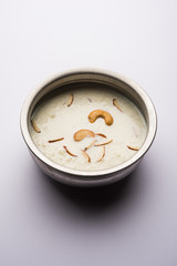 Rice Kheer or Firni or Khir is a pudding from Indian subcontinent, made by boiling milk ,sugar and Rice. Served in a bowl