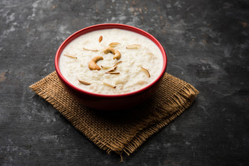 Rice Kheer or Firni or Khir is a pudding from Indian subcontinent, made by boiling milk ,sugar and Rice. Served in a bowl