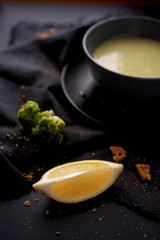 Close up view of delicious broccoli cream soup
